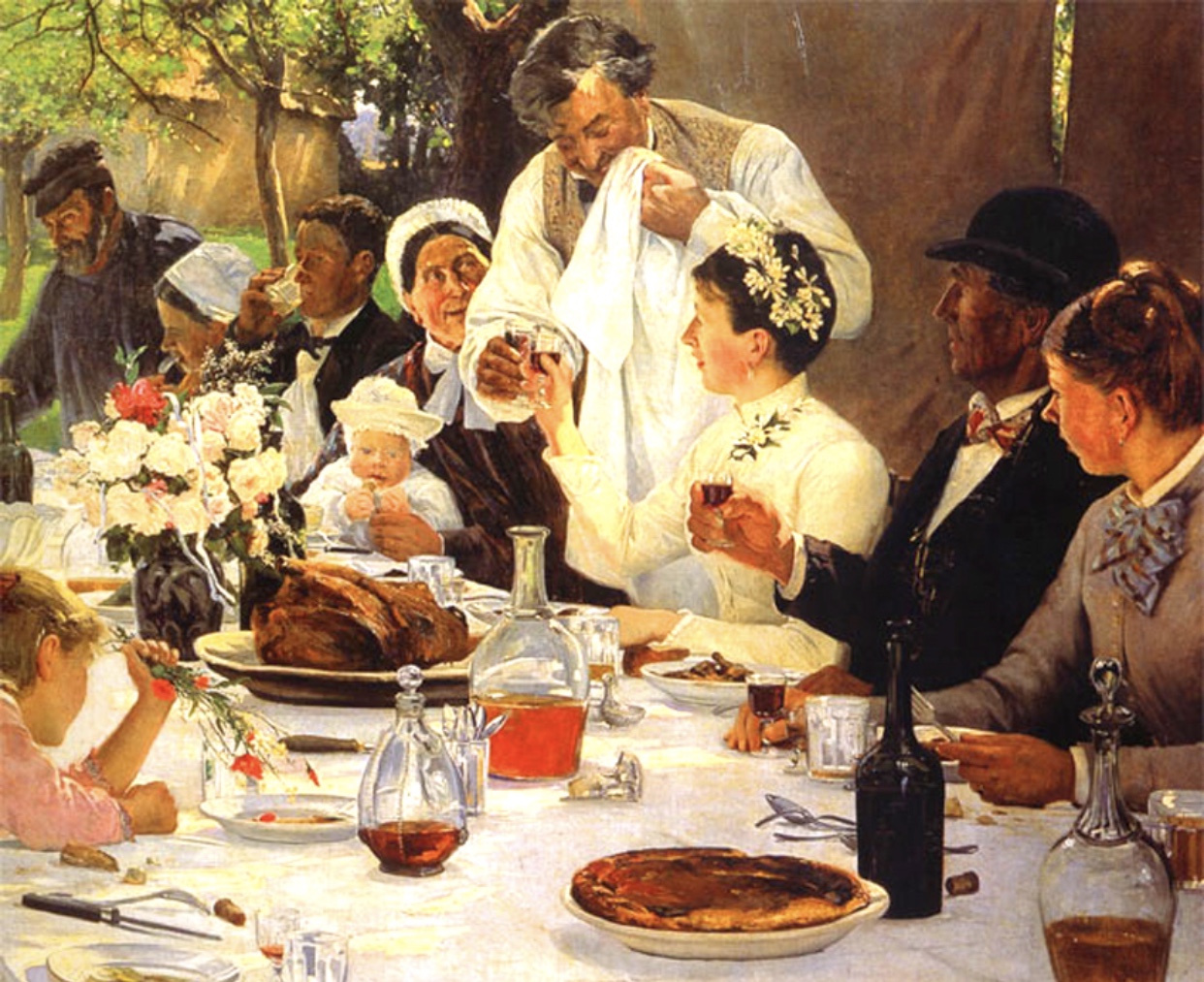 Une peinture d'inspiration gastronomique représentant une famille profitant d'un dîner de Thanksgiving.