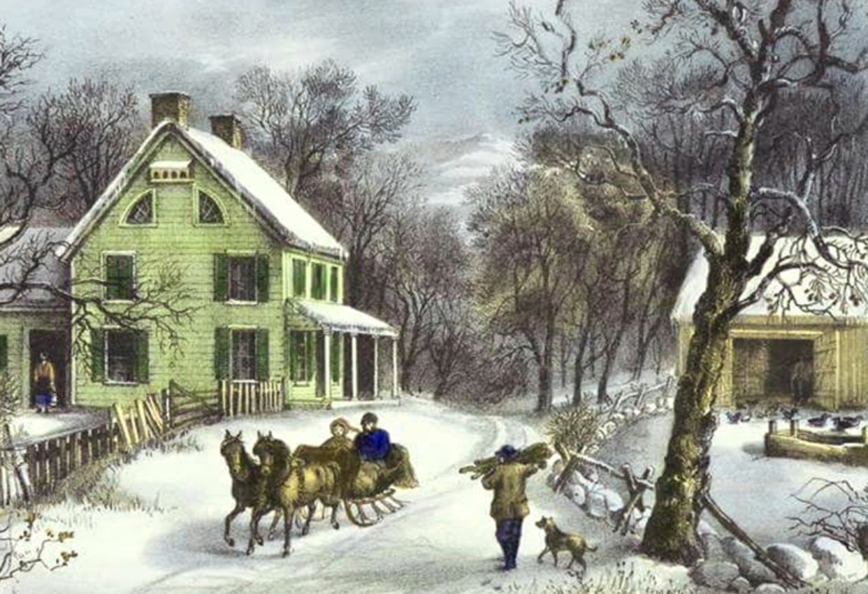 Un tableau représentant une scène hivernale avec une serre et une calèche empreinte de Gastronomie.