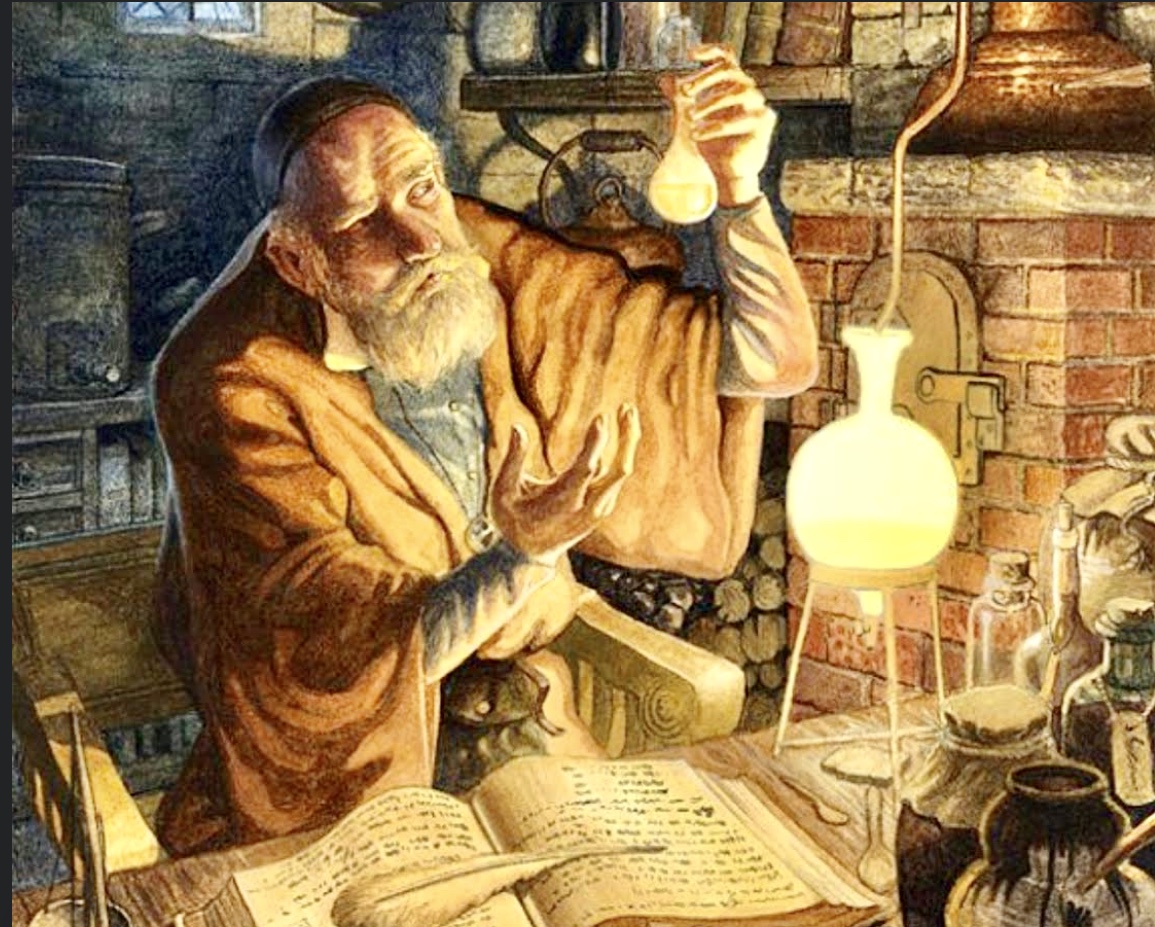 Une peinture représentant un vieil homme réfléchissant aux mystères du laboratoire à travers sa philosophie.