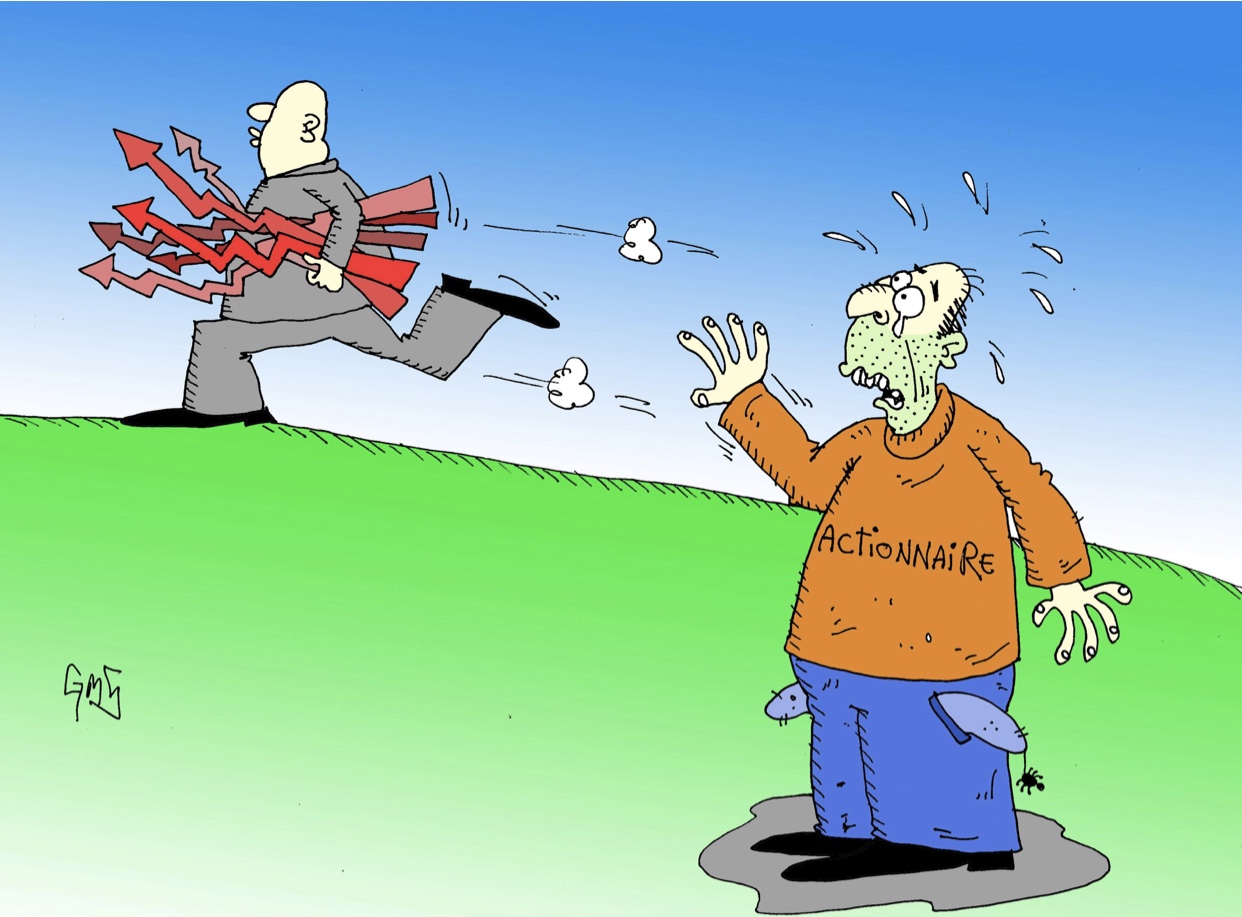 Caricature d'un homme fuyant un Nemaska avec des flèches.
