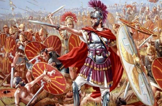 Une peinture spirituelle capturant un soldat romain entouré d’une foule hypnotisée, évoquant une profonde contemplation philosophique.
