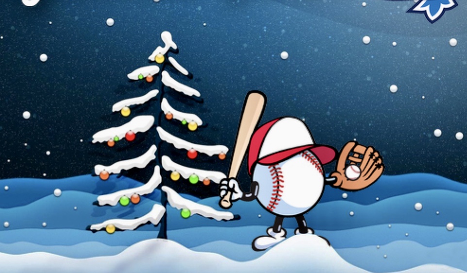 Un joueur de baseball de dessin animé avec une batte et un gant de baseball faisant du sport dans la neige.