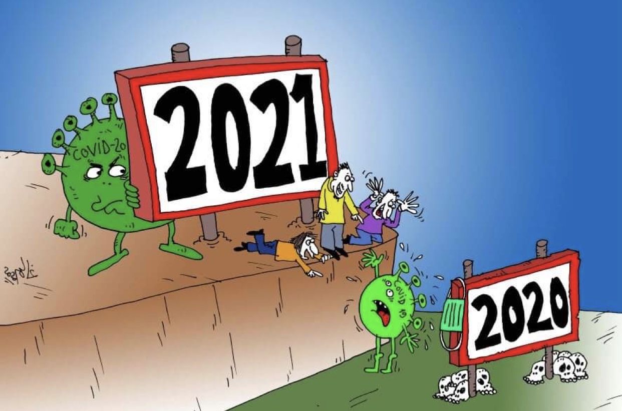 Un dessin animé d'un groupe de personnes debout à côté d'un panneau indiquant 2021. Que nous réservons 2021