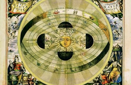 Une carte du système solaire, remplie de philosophie spirituelle et présentant le soleil, la lune, les planètes et les étoiles.