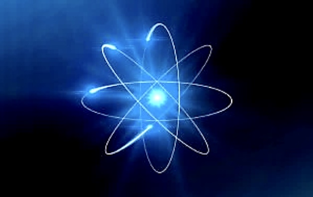 Un symbole atomique sur fond bleu représentant la Philosophie spirituelle.