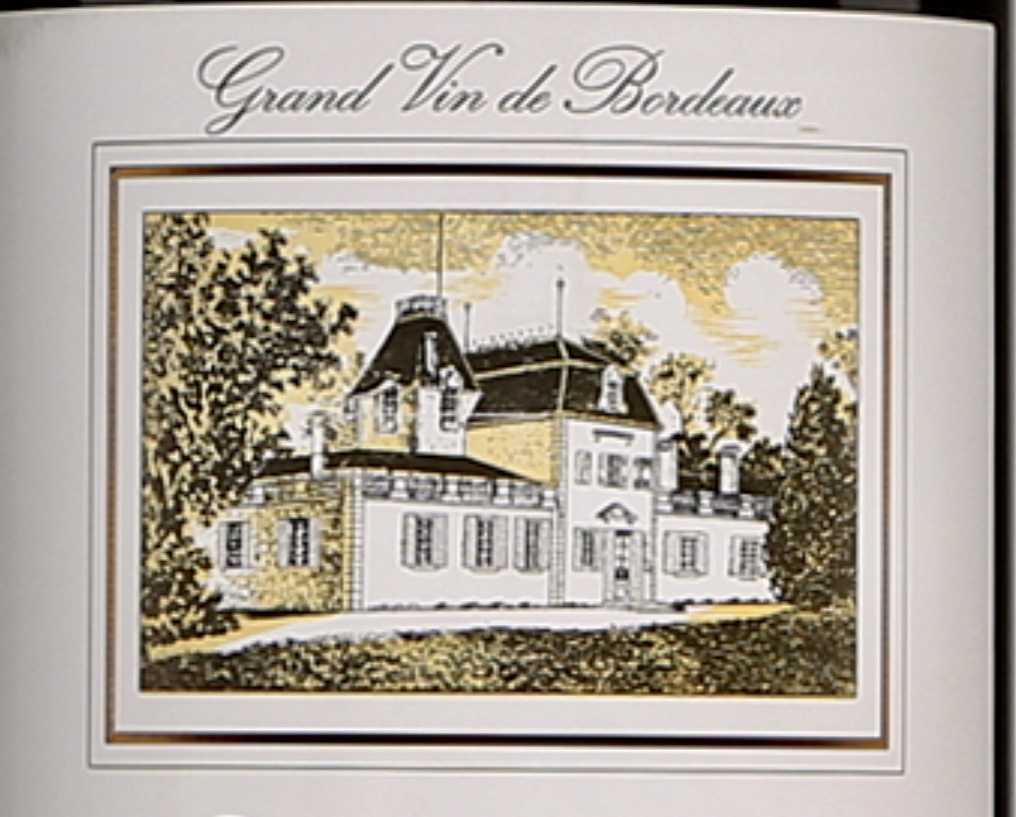 Une bouteille de vin Grand Bordeaux avec un dessin d'une maison.