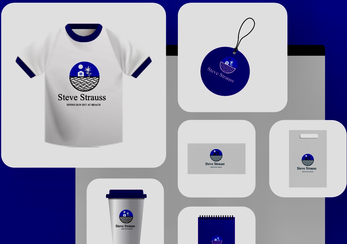 Un t-shirt avec logo bleu et blanc, une tasse et d'autres articles.