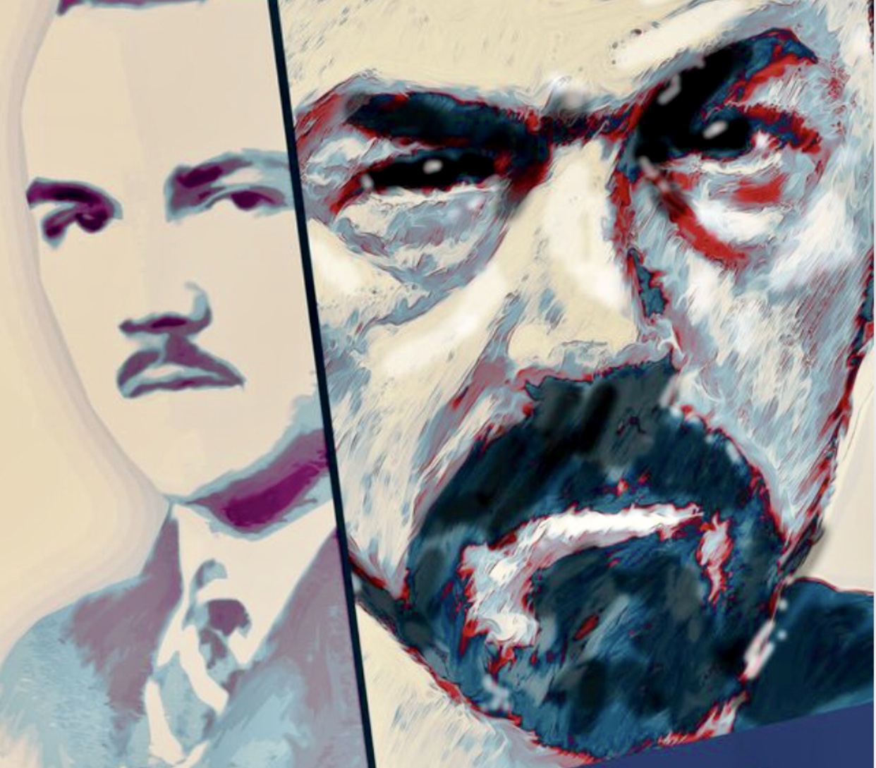 Deux portraits d'homme à barbe et à moustache, inspirés de la littérature classique.