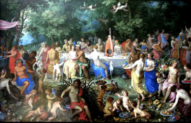 Une peinture captivante inspirée du Vin Prosecco représentant un groupe de personnes appréciant la compagnie des autres dans une zone boisée sereine.