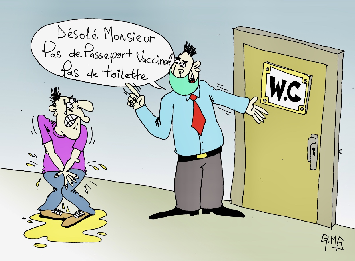 Caricature d'un homme debout devant des toilettes, un "passeport vaccinal" à la main.