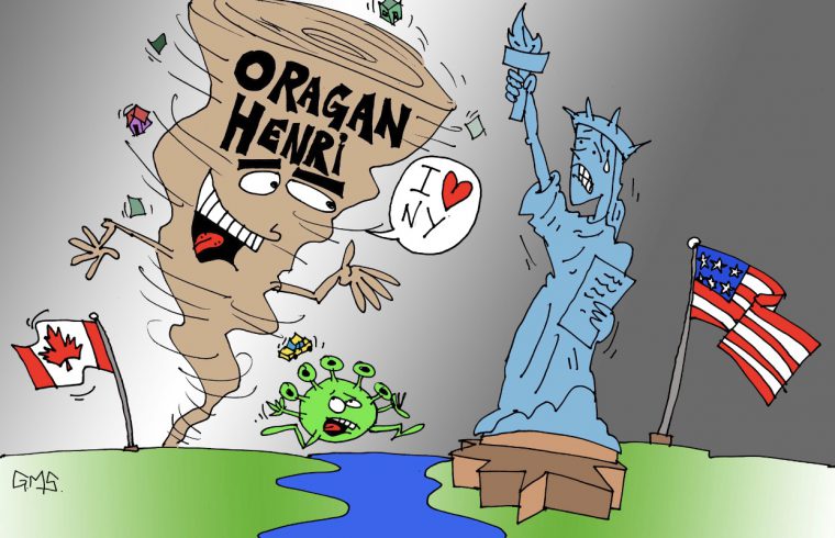Un dessin animé fantaisiste mettant en scène Ouragan Henri, une tornade et la Statue de la Liberté.
