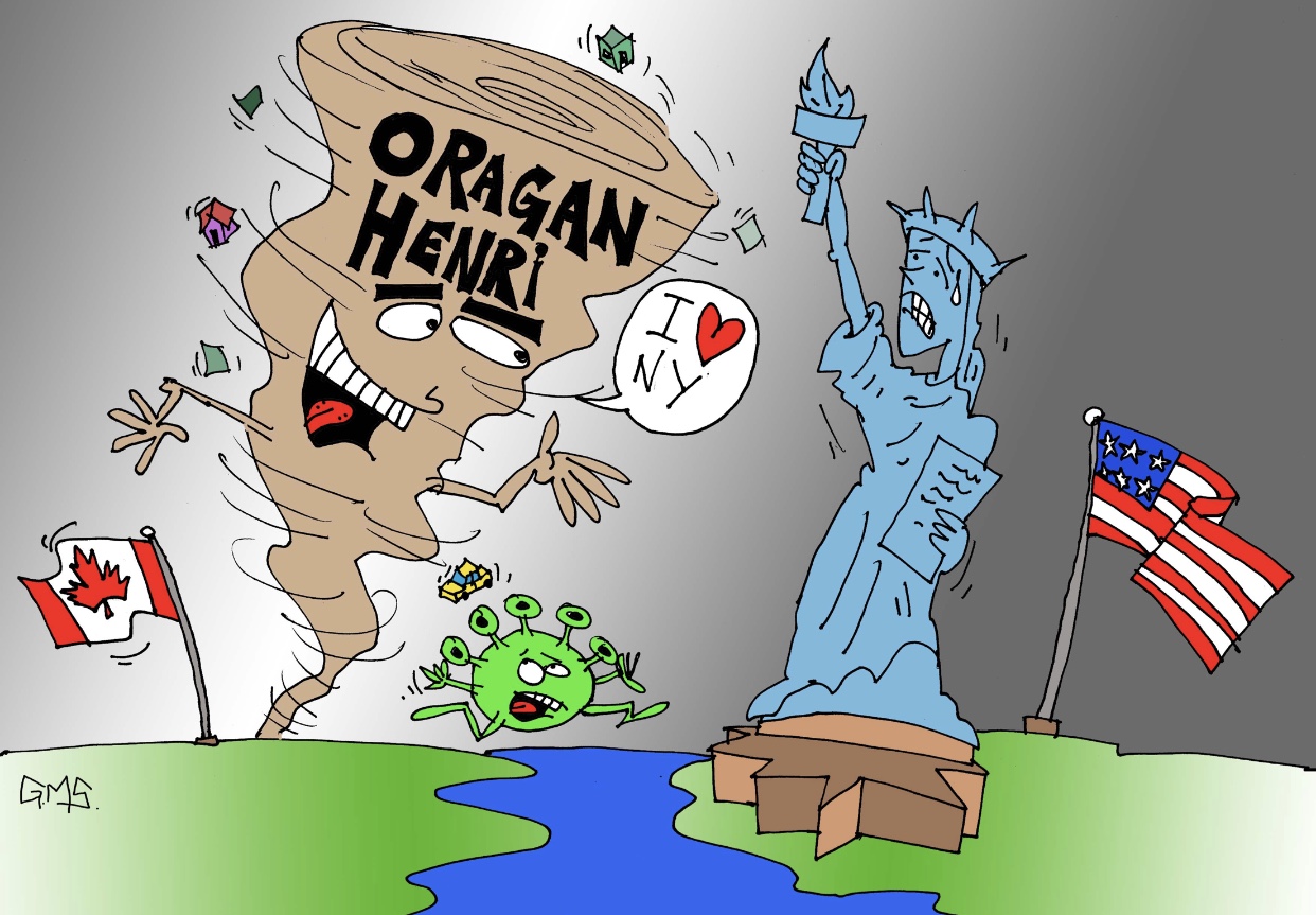 Un dessin animé fantaisiste mettant en scène Ouragan Henri, une tornade et la Statue de la Liberté.