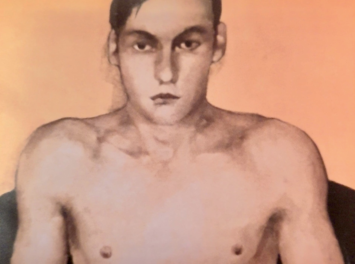 Un dessin d'homme sans chemise, imprégné de l'esprit de la poésie québécoise.