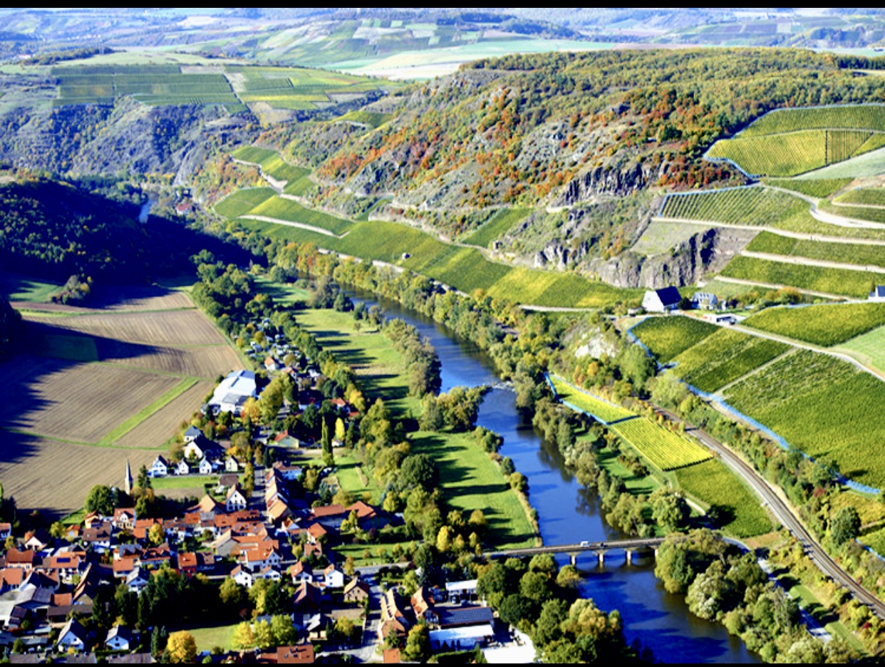 Une vue aérienne d'une ville de la vallée du Rhin, connue pour son exquis Vin d'Allemagne.