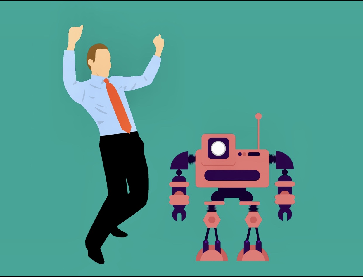 Un robot à « intelligence artificielle » observe un homme en costume sauter de haut en bas avec enthousiasme.