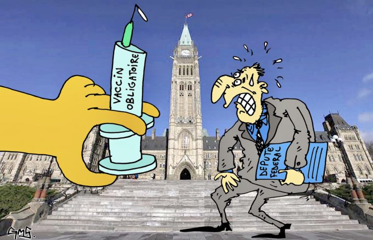 Caricature d’un homme avec une seringue devant le Parlement.