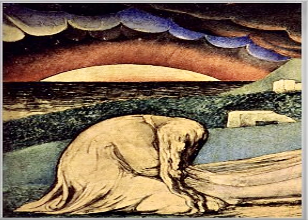 Une peinture d'une femme agenouillée sur le sol devant un coucher de soleil, capturant l'essence du « mal » avec des nuances philosophiques.
