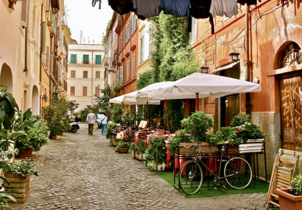 Une rue pavée de Rome ornée de plantes en pot.