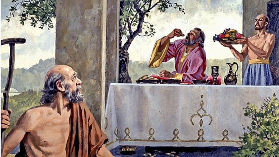 Une peinture philosophique de Jésus et d’un vieil homme assis à une table, engagés dans une conversation profonde.