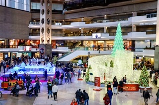 Un centre commercial avec un sapin de Noël festif au milieu, parfait pour votre "Quoi faire cette semaine ?" une extravagance shopping !