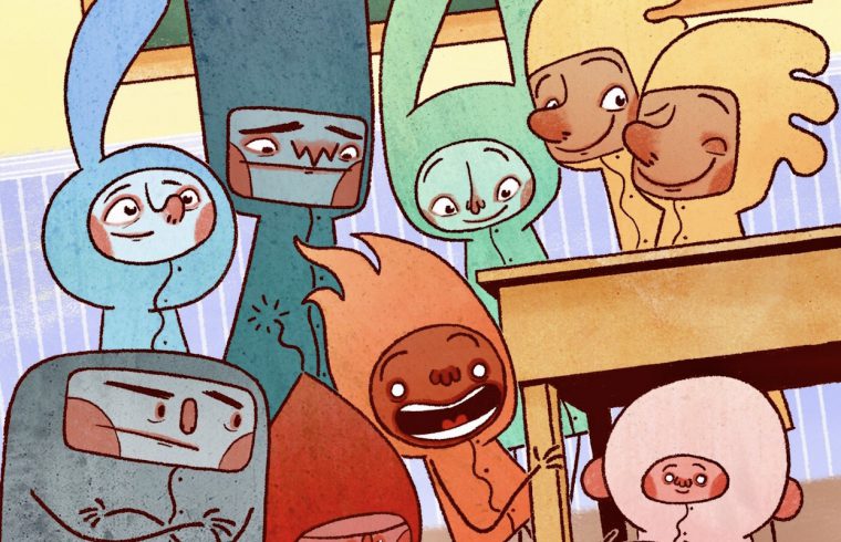 Un groupe de personnages de dessins animés appréciant les Livres de Noël dans une salle de classe.