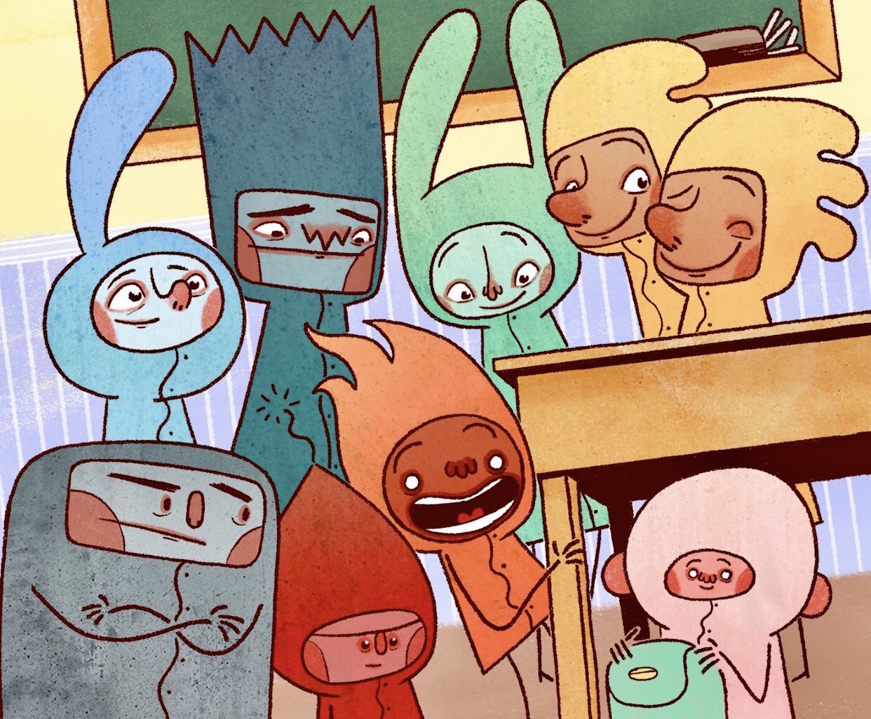 Un groupe de personnages de dessins animés appréciant les Livres de Noël dans une salle de classe.