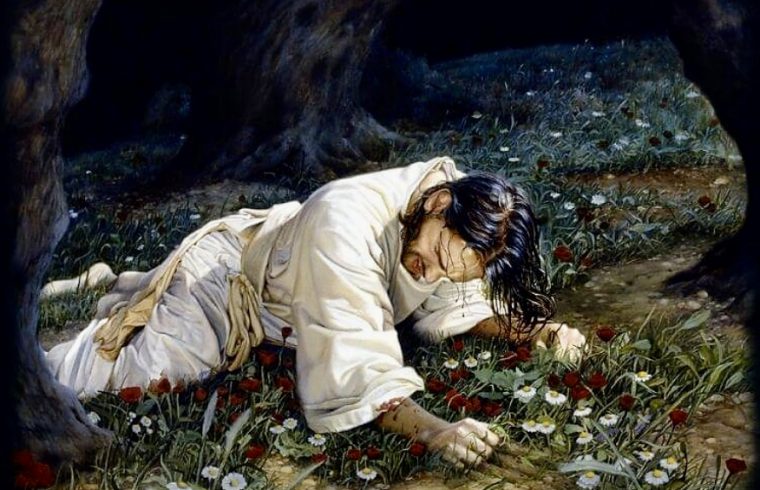 Une peinture philosophique de Jésus allongé paisiblement au milieu de l’herbe verte luxuriante.