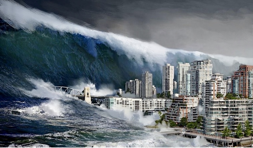 Une réflexion philosophique sur l’immense puissance d’une grande vague s’écrasant sur une ville.