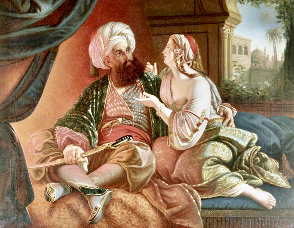 Une peinture représentant un homme et une femme assis sur un canapé au Moyen-Orient.