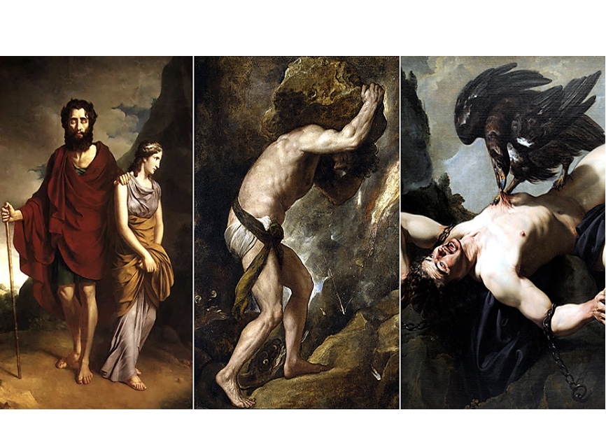 Trois tableaux explorant le thème de la philosophie, représentant un homme et une femme aux côtés d'un aigle.