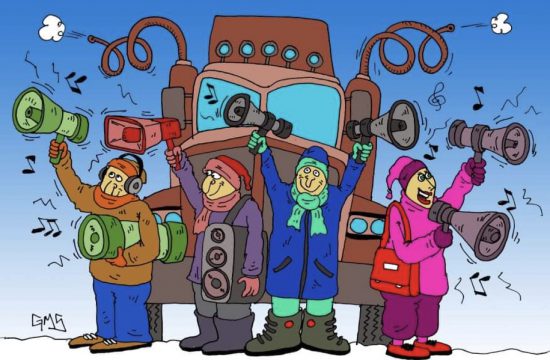 Caricature d’un groupe de personnes tenant des mégaphones devant un camion.