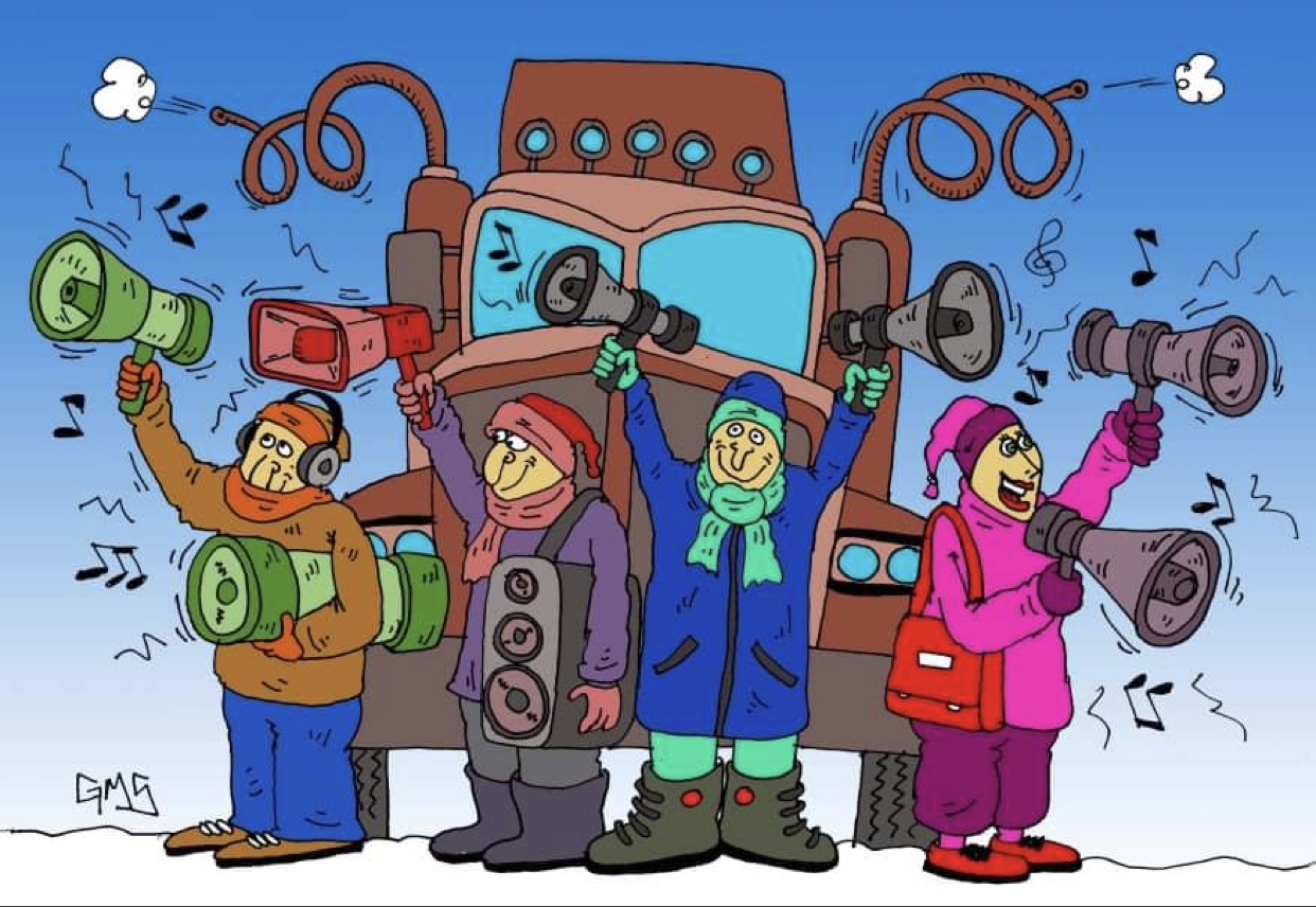 Caricature d’un groupe de personnes tenant des mégaphones devant un camion.