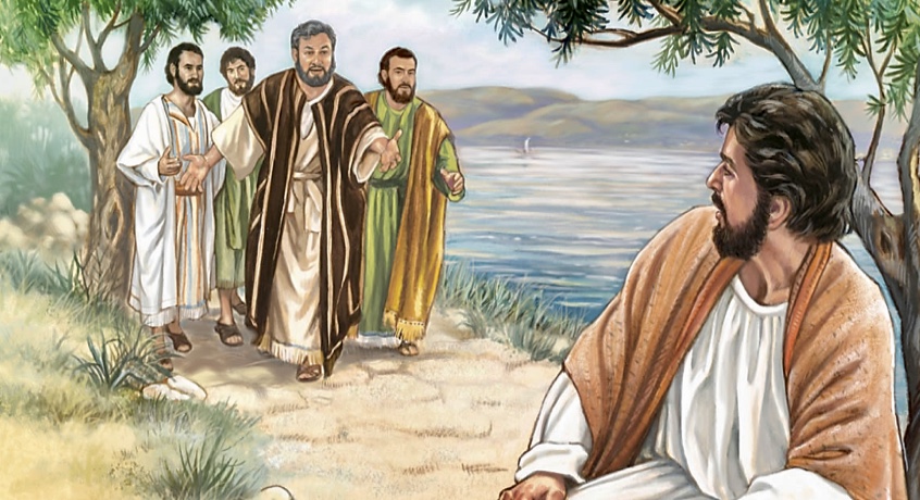 Une peinture philosophique de Jésus marchant sur un chemin avec un groupe d'hommes, contemplant le voyage de la vie.