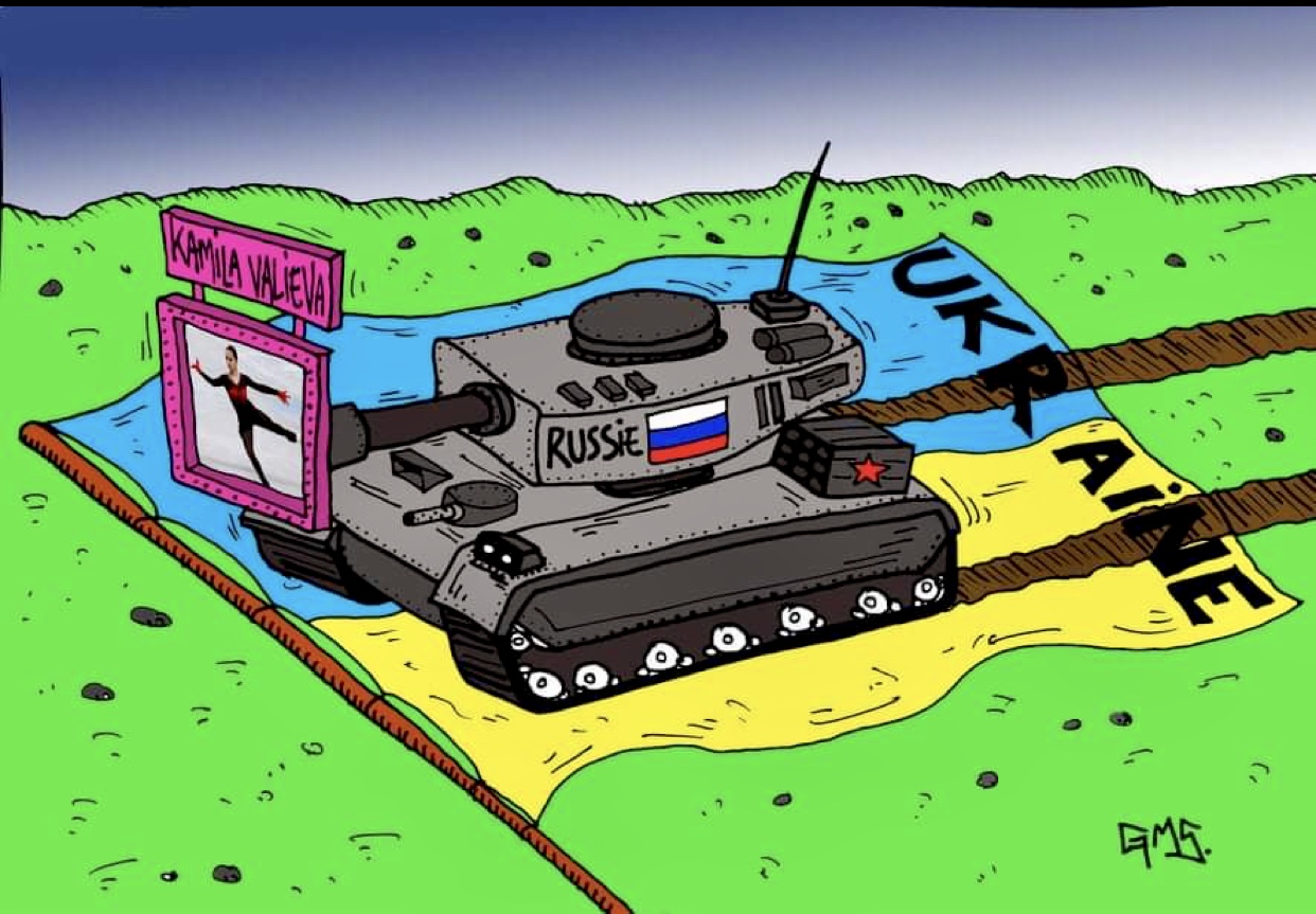 Caricature représentant un char orné du mot Ukraine.