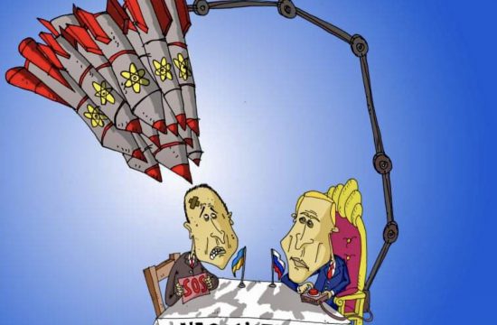 Caricature de deux hommes assis à une table avec une fusée, représentant les tensions entre la Russie et l'Ukraine.