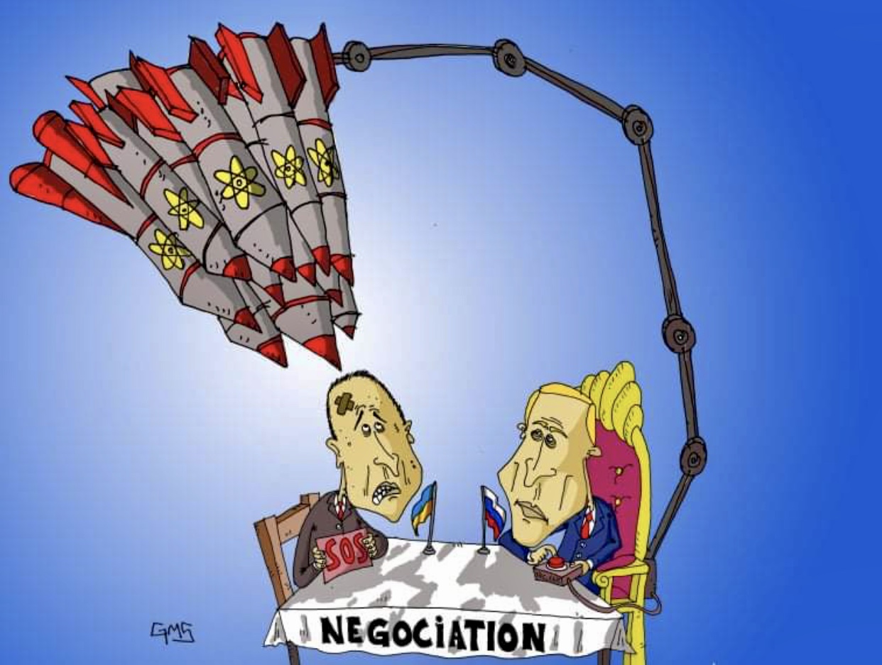 Caricature de deux hommes assis à une table avec une fusée, représentant les tensions entre la Russie et l'Ukraine.