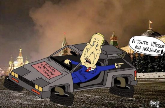 Caricature satirique d’un homme conduisant une voiture devant le Kremlin.