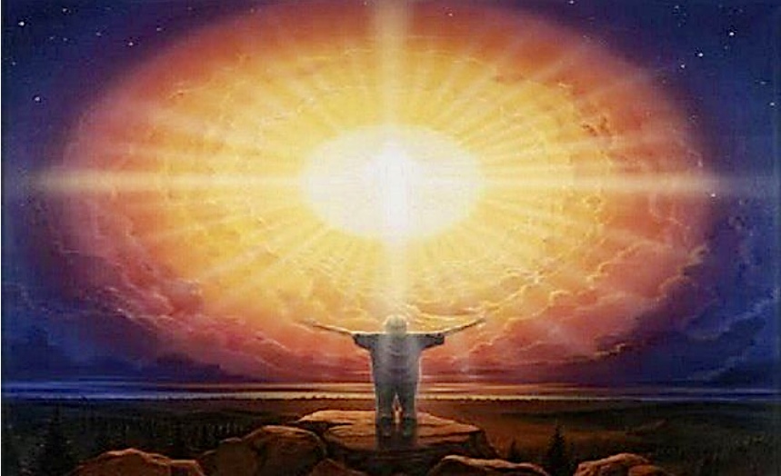 Une peinture représentant un personnage debout au sommet d'un rocher avec le soleil derrière, évoquant la Philosophie.