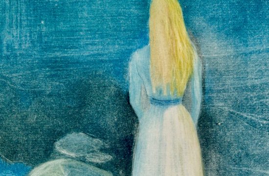 Un dessin d'une femme en robe blanche regardant l'océan, avec Livres
