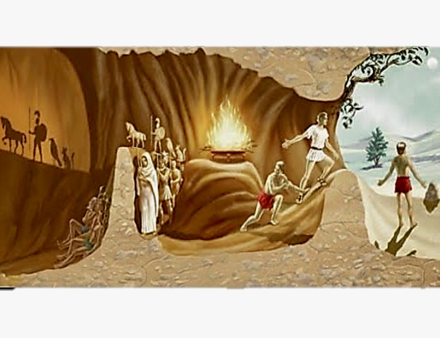 Une peinture d’inspiration philosophique représentant des personnes dans une grotte avec un feu.