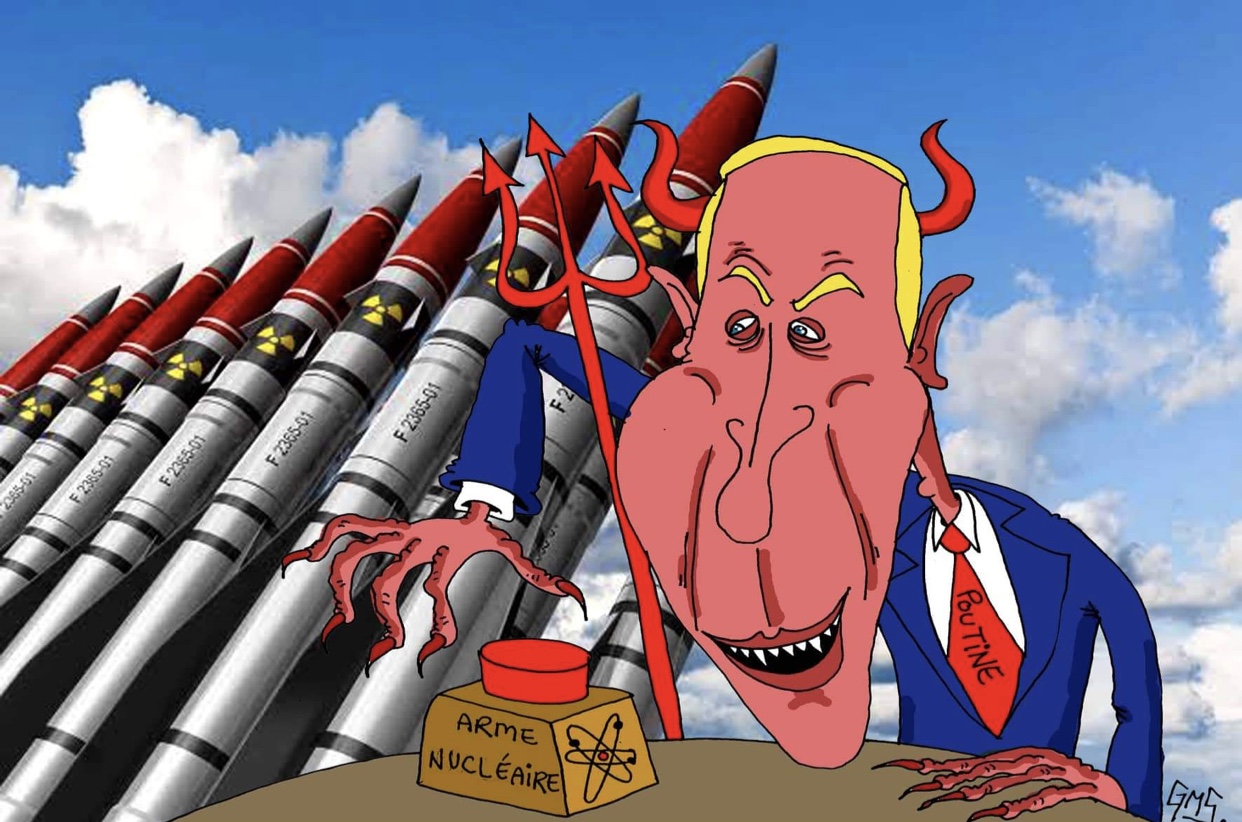 Une caricature d’un homme en costume debout à côté d’un groupe de missiles, avec une touche inattendue impliquant la poutine.