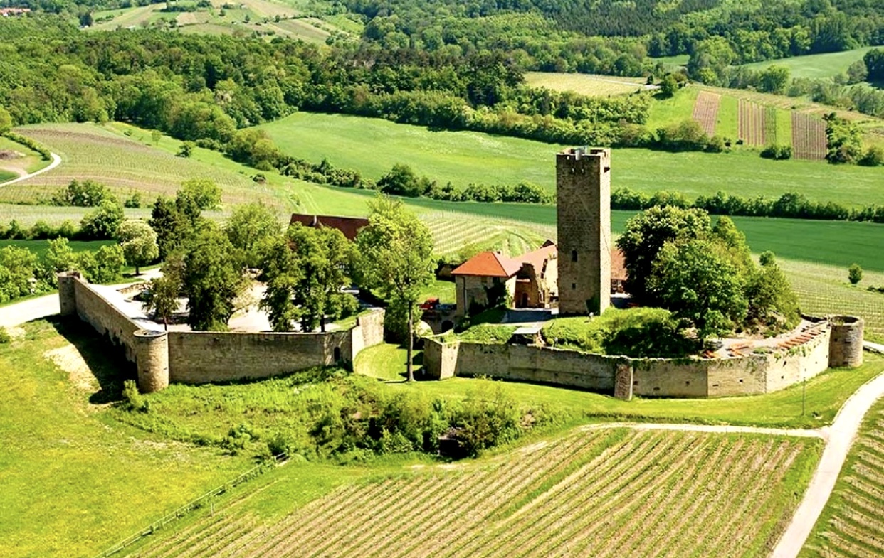 Une vue aérienne d'un château au milieu d'un champ verdoyant avec Vins.