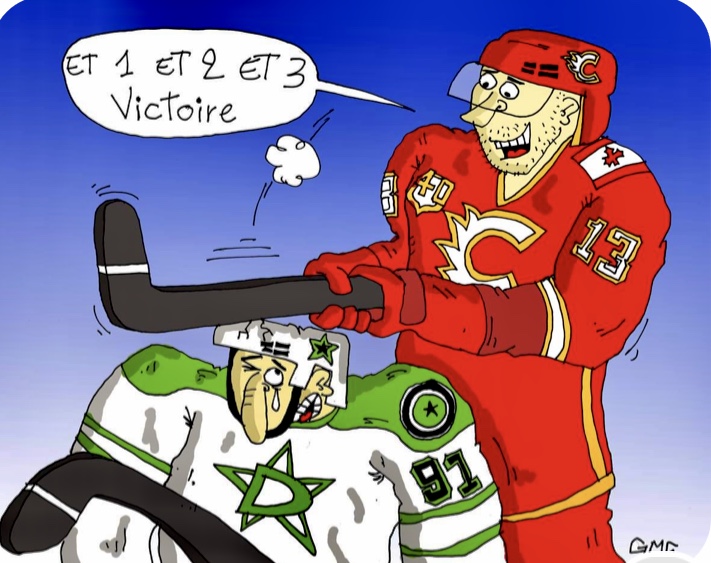 Une caricature de deux joueurs de hockey.