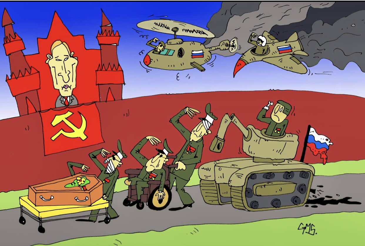Une caricature de soldats russes et d'un tank dégustant de la Poutine.