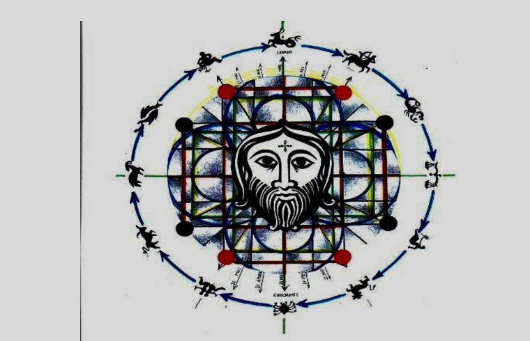 Un dessin circulaire représentant un homme barbu, incarnant la Philosophie.