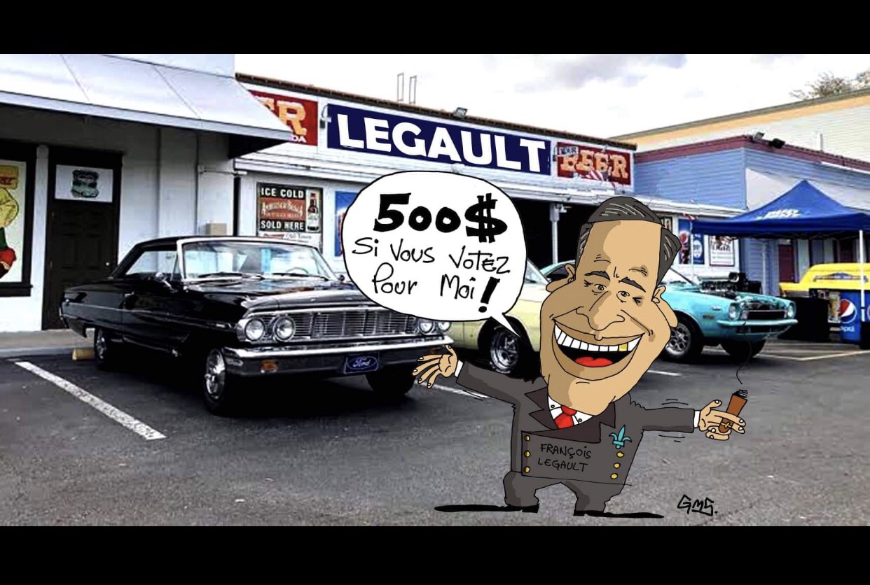 Une caricature de Legault debout devant un concessionnaire automobile.