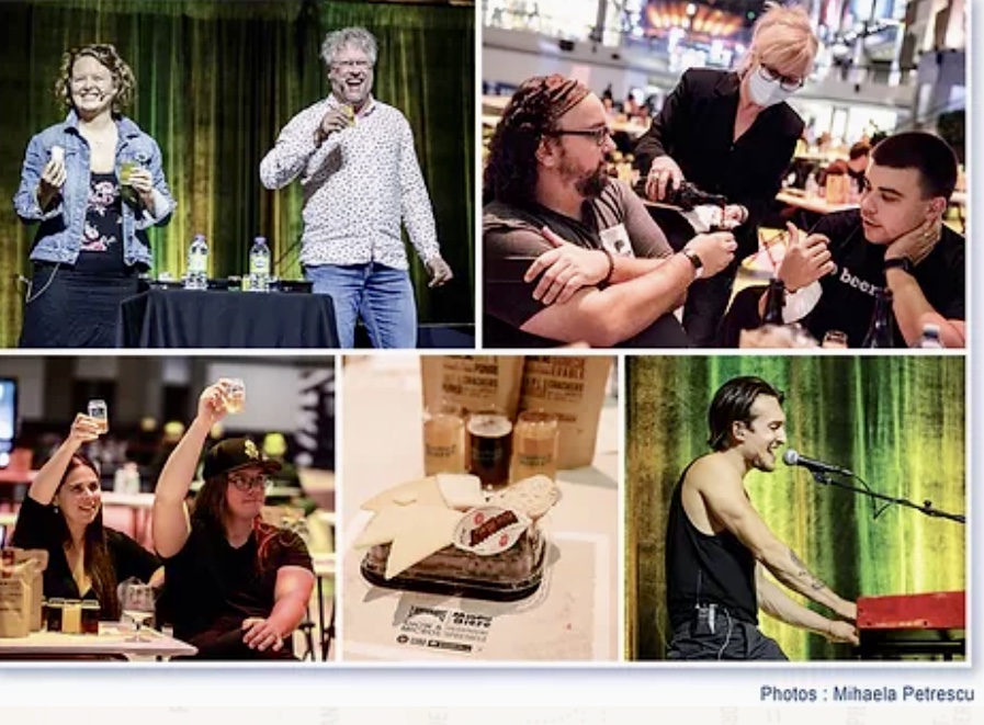 Un collage de photos de personnes à une fête animée avec bières et bouffe.