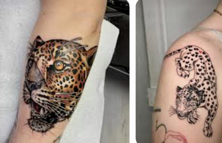 Deux photos d'une femme avec un tatouage de léopard sur son soutien-gorge.
