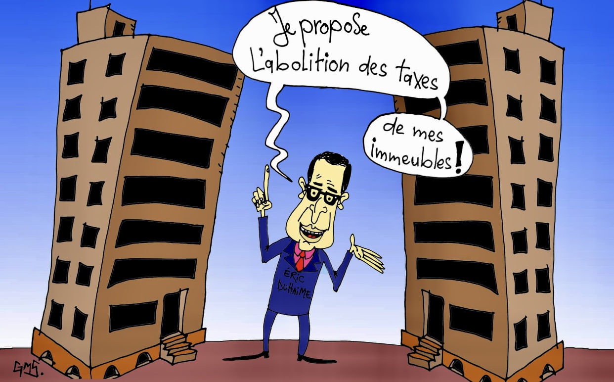 Une caricature d'Éric Duhaime fumant devant un immeuble.