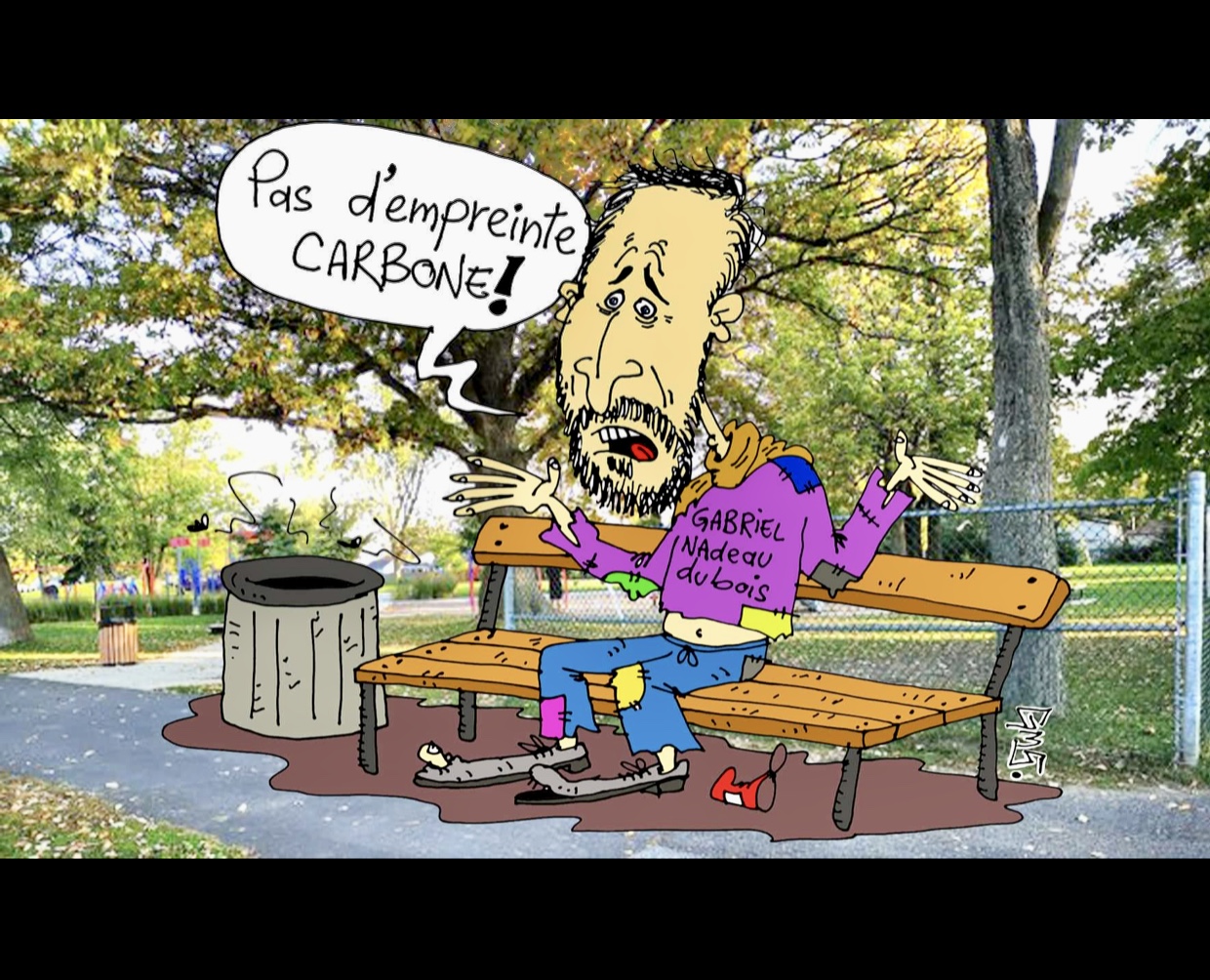 Caricature d’un homme assis sur un banc de parc.